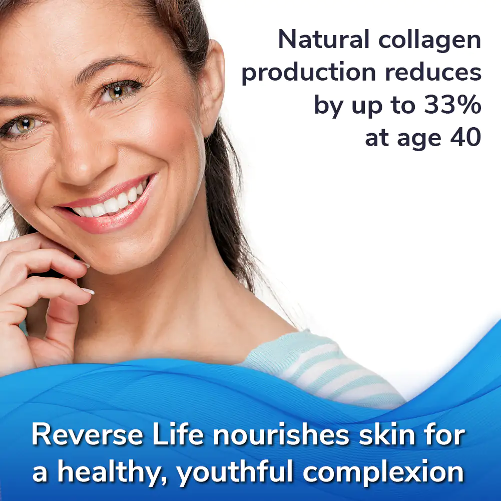 Reverse Life Collagen helps replace natural collagen for a healthier, younger looking complexion